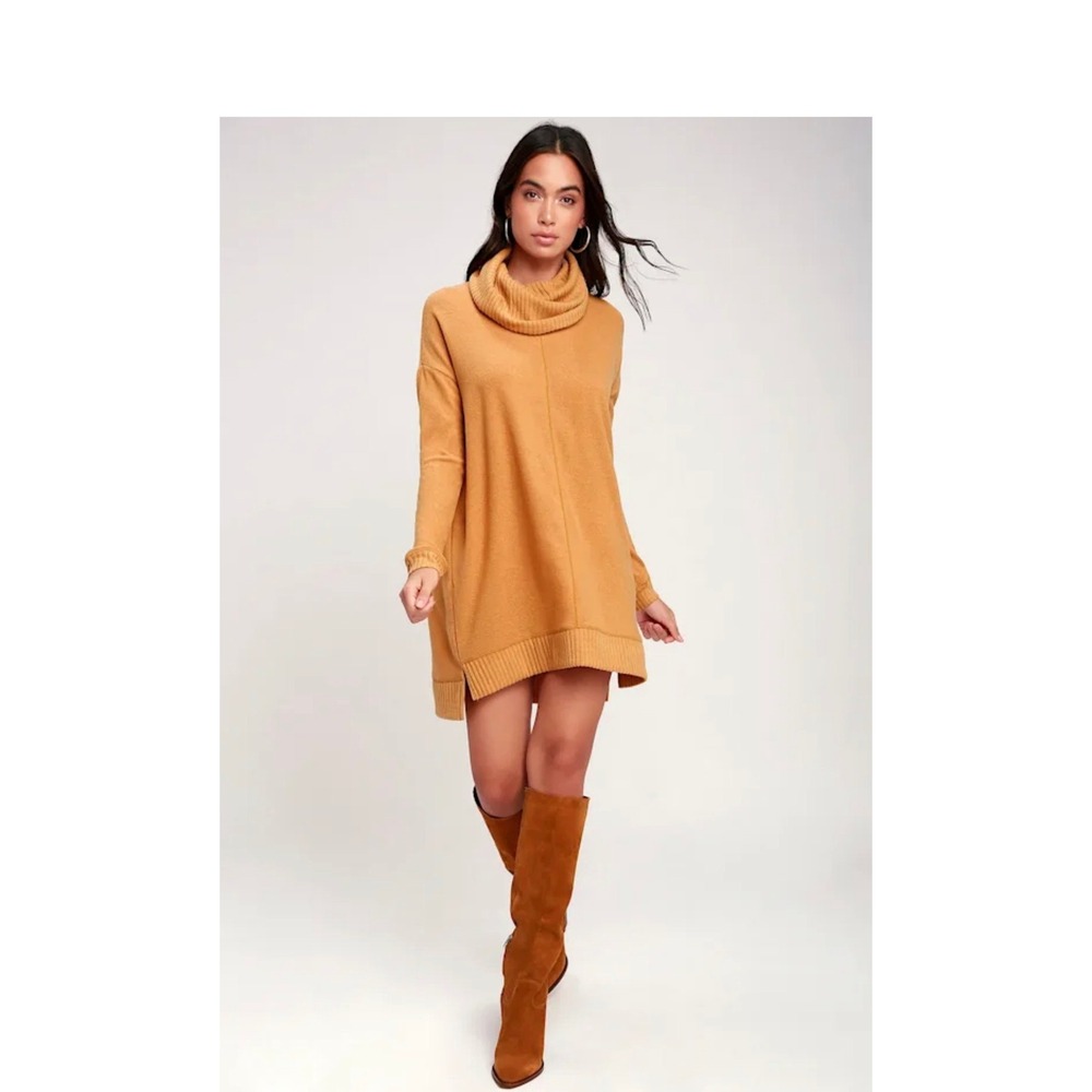 Lulus Autumn Daze Camel Cowl Neck Long Sleeve Sweat Dress Medium